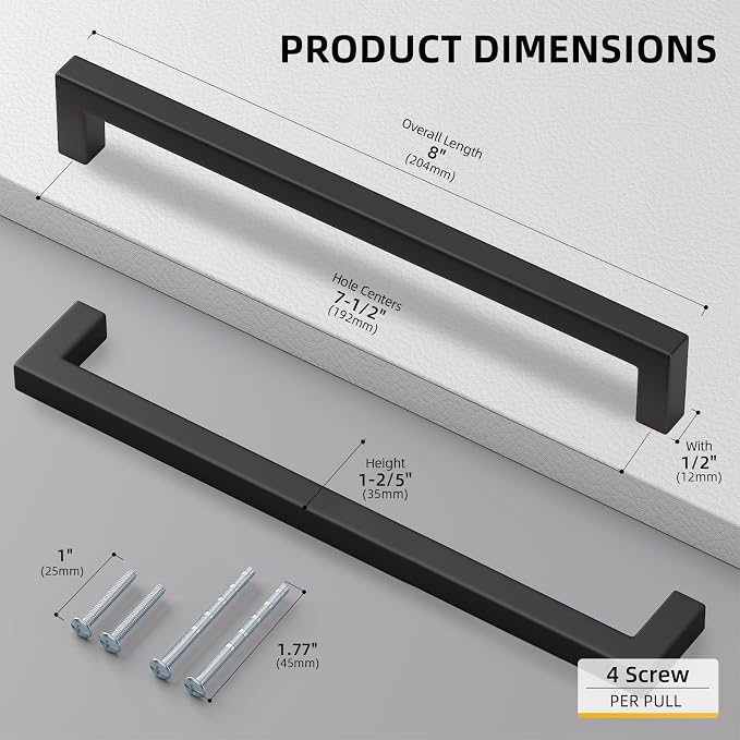 Goldenwarm 1 Pack Black Square Bar Cabinet Pull Drawer Handle Stainless Steel - Image 2