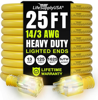 25ft Outdoor/Indoor Extension Cord 14/3 Gauge Heavy Duty 3 Prong SJTW, by LifeSupplyUSA