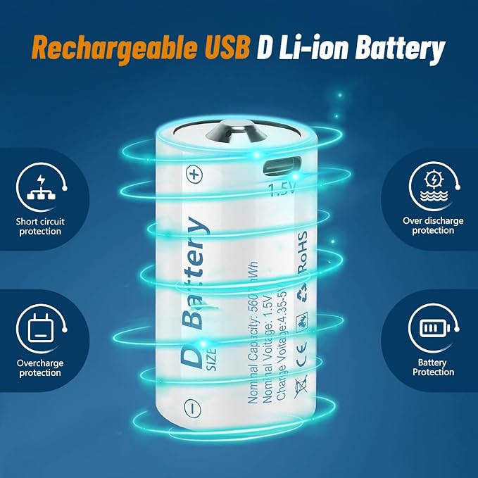 D Cell Batteries 4 Pack, Lithium D Batteries 5600mWh, Rechargeable D Batteries - Image 6