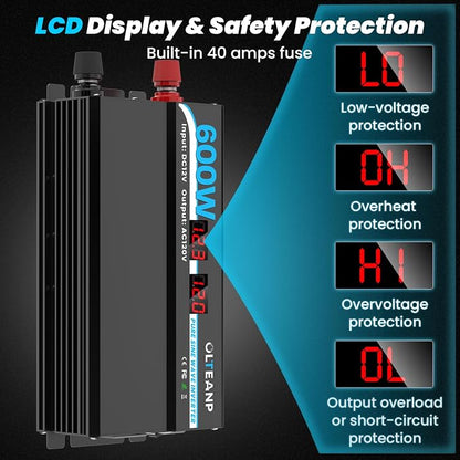 600W Power Inverter Pure Sine Wave Inverter 12V DC to 120V AC Converter - Image 3