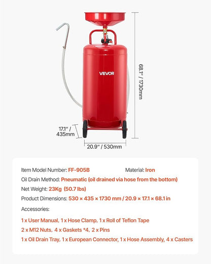 VEVOR 25 Gallon Waste Oil Drain Tank, Air Operated Portable Oil Drainer - Image 7
