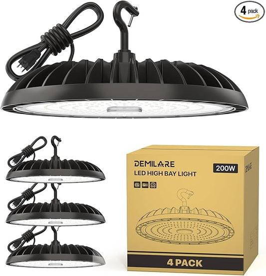 200W 4 Pack LED High Bay Light 30000 lm, 5000K UFO High Bay Led Shop Lights ETL by DEMILARE