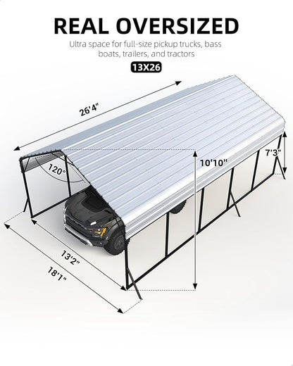 13'x26'x11' Oversized Metal Carport, Steel Heavy Duty Carport - Image 4