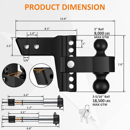 Adjustable Trailer Hitch-Drop Hitch Fits 2.5-Inch Receiver -6" Drop/Rise Tow - Image 4