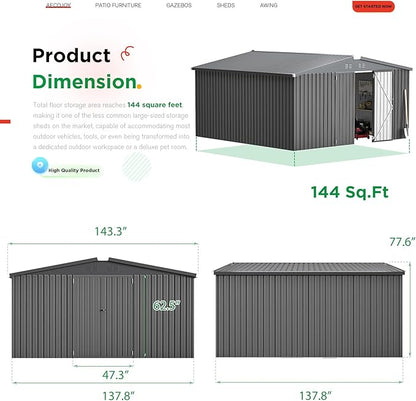 AECOJOY 12' x 12' Outdoor Storage Shed, Dark Grey Large Metal Sheds & Outdoor - Image 5