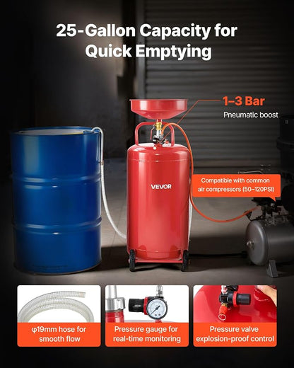 VEVOR 25 Gallon Waste Oil Drain Tank, Air Operated Portable Oil Drainer - Image 2