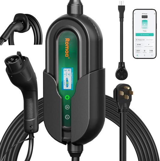 Level 2 EV Charger w/App Control: 32A 240V 7.68kW Fast Charging, NEMA 14-50 by Romaa