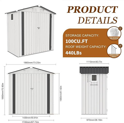 6x3.6FT Storage Shed, Outdoor Galvanized Steel Garden Shed - Image 6
