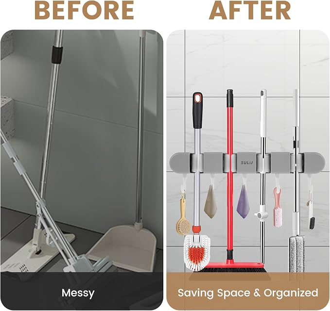 3PCS Broom Mop Holder with Hooks Wall Mounted Broom Storage Rack No Drilling - Image 4
