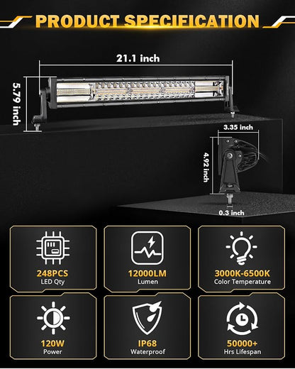 Auxbeam 22 Inch LED Light Bar, 120W 6 Modes Amber White Strobe Fog Lights - Image 5