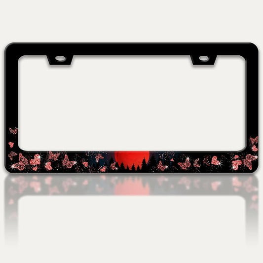 Red Moon Butterfly License Plate Frame Night Forest License Plate Holders Funny by RTINRAN