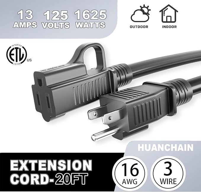 HUANCHAIN Indoor Outdoor Black Extension Cord 20 ft Waterproof, 16/3 Gauge - Image 7