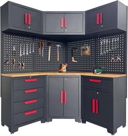 Red Garage Cabinet Storage System 10-Pcs Corner Workshop Set Garage Cabinet and - Image 8