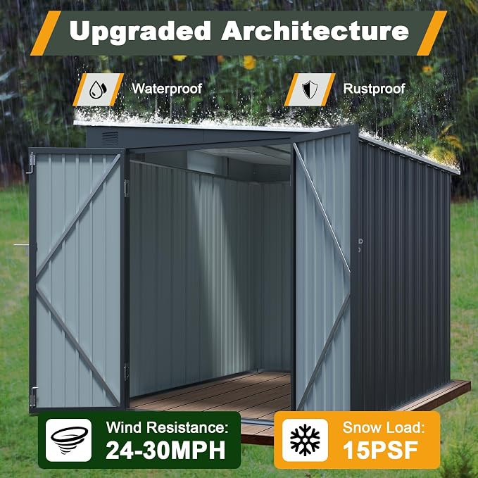 6x8 FT Lean to Shed with Lockable Double Doors, Metal Outdoor Storage Shed with - Image 7