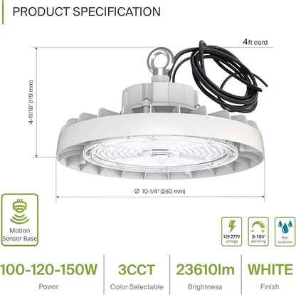 ASD LED High Bay UFO Light Fixture, Commercial Shop Lighting | 3CCT, IP69K - Image 2