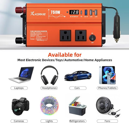 750W Pure Sine Wave Inverter, Car Power Inverter, 12V DC to 110V AC Power - Image 4