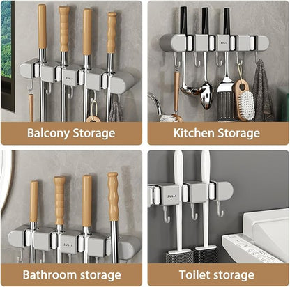 2Pcs Broom Mop Holder with Hooks Wall Mounted Broom Storage Rack No Drilling - Image 3