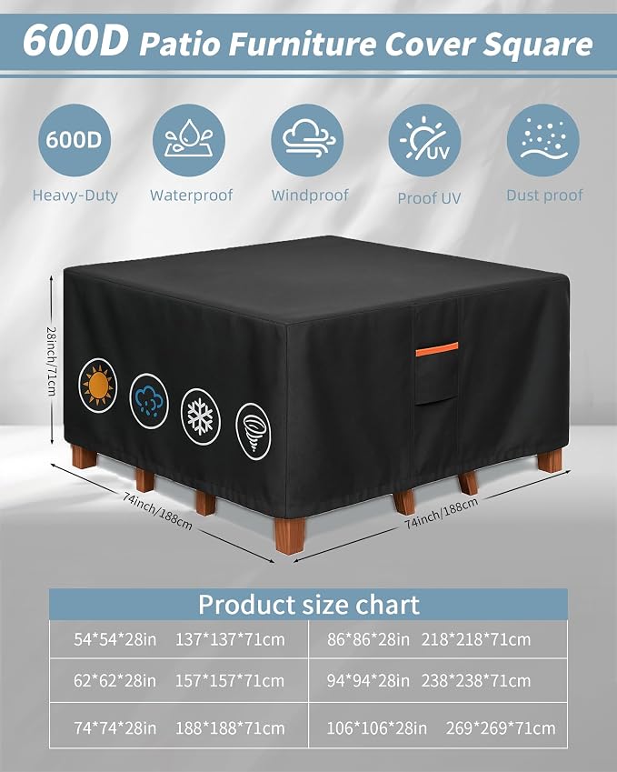 Outdoor Waterproof Furniture Cover, 74W x 74L x 28H inches Heavy Duty 600D - Image 3