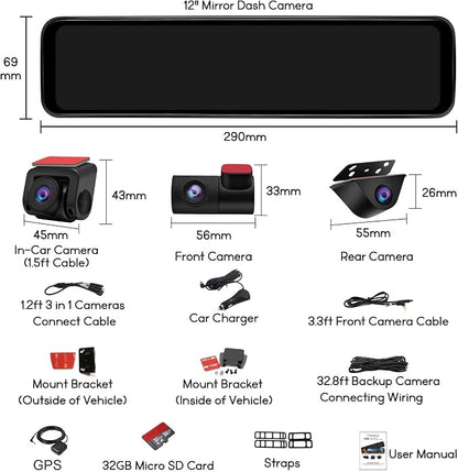 PORMIDO Triple Mirror Dash Cam 12" - Image 9