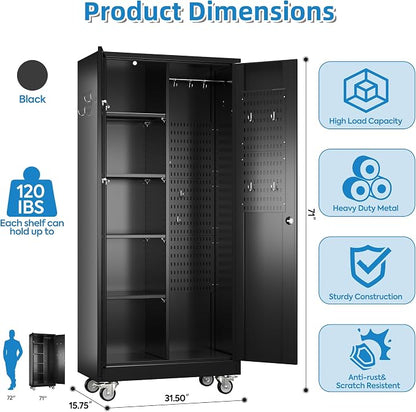 Garage Storage Cabinet with Wheels and 5 Pegboard, Broom Closet Storage Cabinet - Image 2