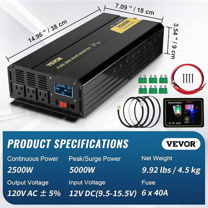 VEVOR 2500W Pure Sine Wave Inverter, 12V DC to 120V AC Car Inverter, 3 AC - Image 7