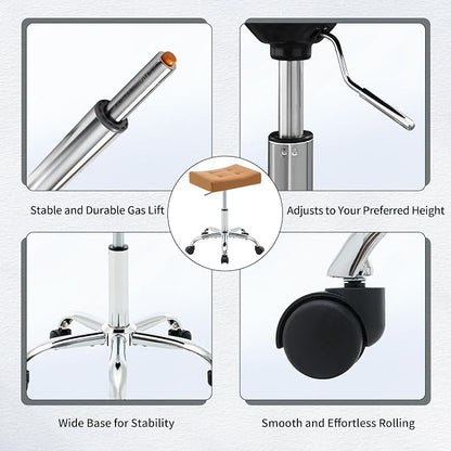 Office Stool with Wheels Brown Faux Leather Workbench Stool - Image 5