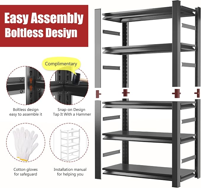 72" H Metal Garage Shelving Unit, 5-Tier Adjustable Garage Storage Shelves - Image 5