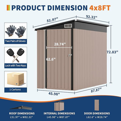 4x8 FT Metal Outdoor Lean to Storage Shed, Lean to Garden Shed Utility Tool Shed - Image 2