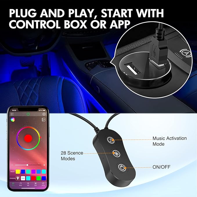Nilight 4PCS USB Interior Car Lights 48 LEDs RGB LED Strips Lights - Image 6