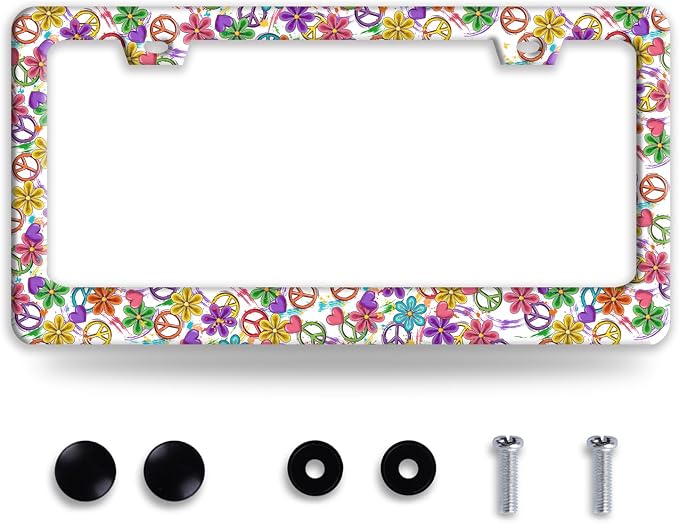 Peace Flower License Plate Frame Funny Colorful Floral License Plate Frames by BRAGHRTED
