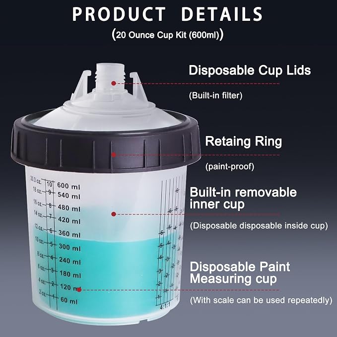 Disposable Paint Mixing Cup Kit, HVLP Paint Sprayer Gun Mixing Cups 20 Ounce Kit - Image 4