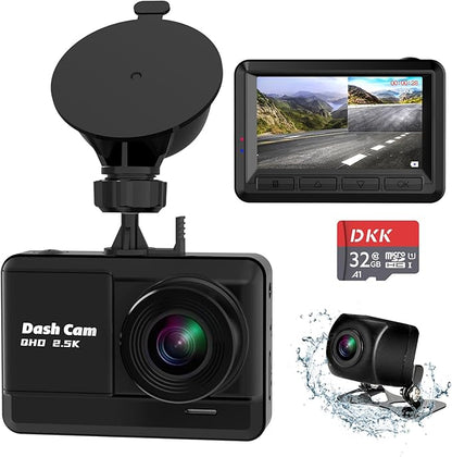 Dash Cam Front and Rear, 2.5K+1080P Dual Dash Camera by DKK