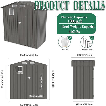 6x3.6FT Outdoor Storage Shed, Galvanized Steel Garden Shed - Image 6