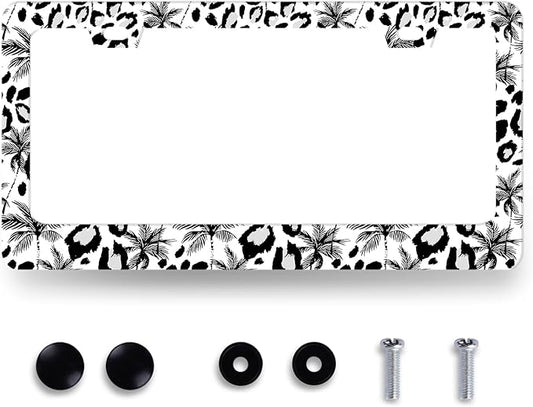 Leopard License Plate Frame Abstract Tropical Palm Trees License Plate by RNKATIH