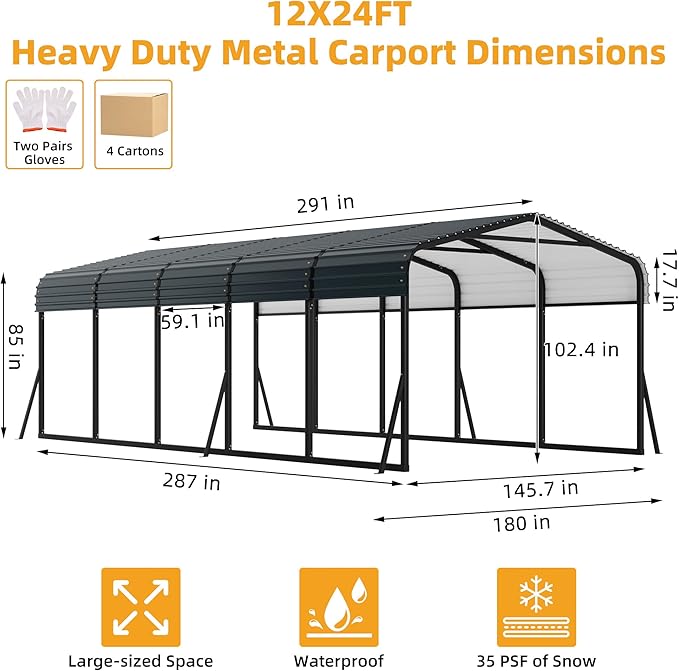 12 x 24 FT Metal Carport with Galvanized Steel Roof, Heavy Duty Metal Roof - Image 2