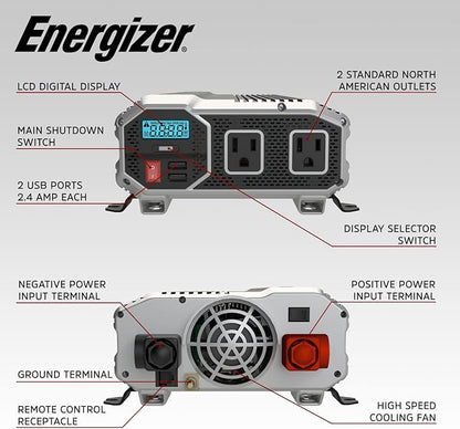 Energizer 1100 Watts Power Inverter Modified Sine Wave Car Inverter, 12V to 110 - Image 3