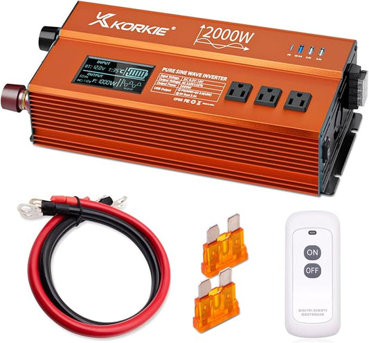 2000W Pure Sine Wave Inverter, Car Power Inverter, 12V DC to 110V, by KORKIE