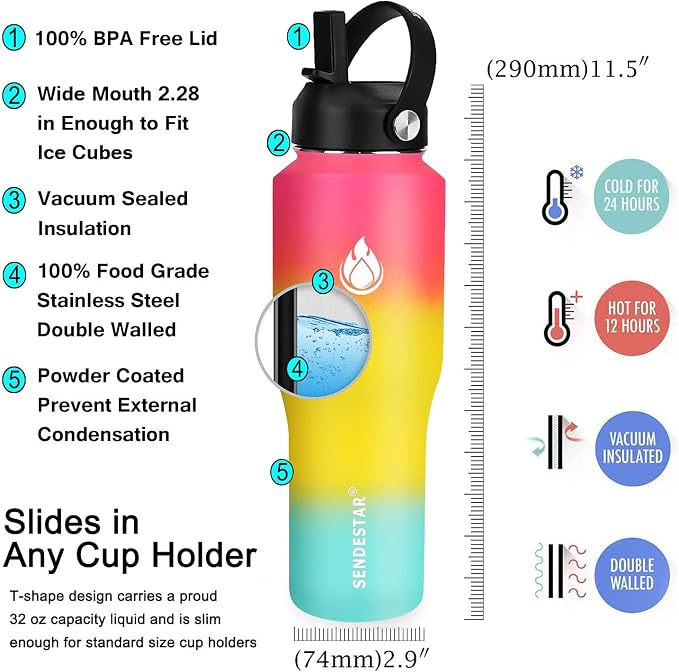 SENDESTAR Water Bottle 32oz, 2 Lids, Wide Mouth Stainless Steel Vacuum - Image 6