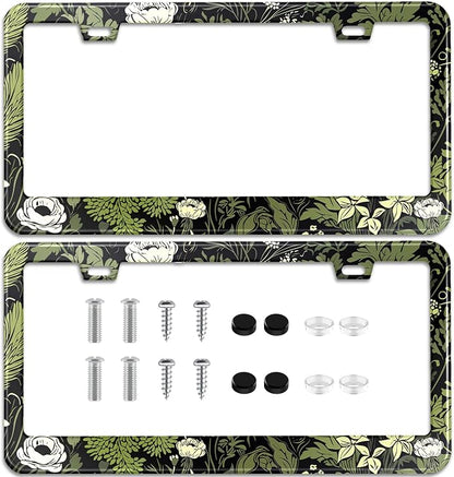 Sage Green Floral License Plate Frame Plant Flowers Stainless Steel License by TXWWXT