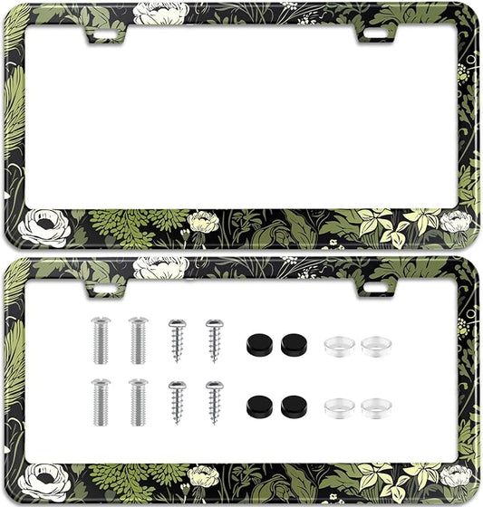 Sage Green Floral License Plate Frame Plant Flowers Stainless Steel License by TXWWXT