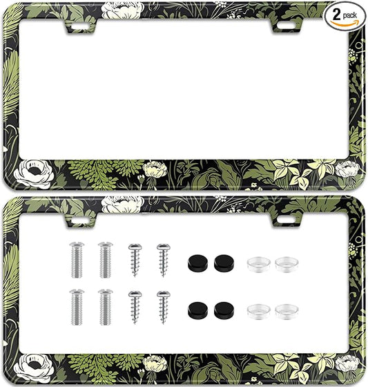 2 Pcs Sage Green Floral License Plate Frame Plant Flowers Stainless Steel by TXWWXT