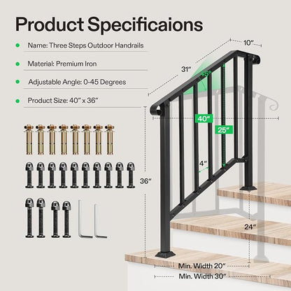 VIVOSUN Outdoor Handrail, 3 Step Stair Handrail, Wrought Mattle Iron Stair - Image 2