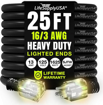 25ft Outdoor/Indoor Extension Cord 16/3 Gauge Heavy Duty 3 Prong SJTW, by LifeSupplyUSA