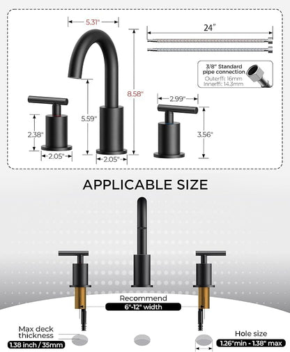 FORIOUS Bathroom Faucets 3 Hole, Matte Black Bathroom Sink Faucet 3 Hole Vanity - Image 8