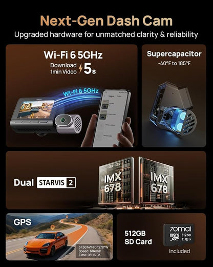 70mai 4K T800 3 Channel Dash Cam, Dash Cam Front and Rear Inside, STARVIS 2 - Image 6