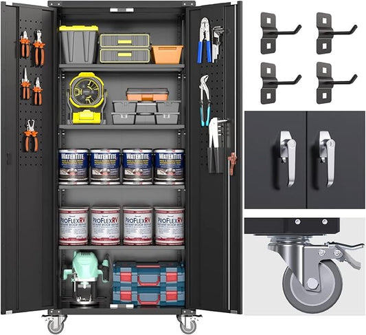 72" Metal Storage Cabinet with Wheels and Pegboard, Lockable Rolling Steel by SUXXANFurniture