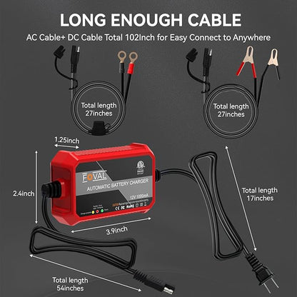 FOVAL Fully Automatic Trickle Battery Charger, 1000mA 12V Smart Car Battery - Image 3