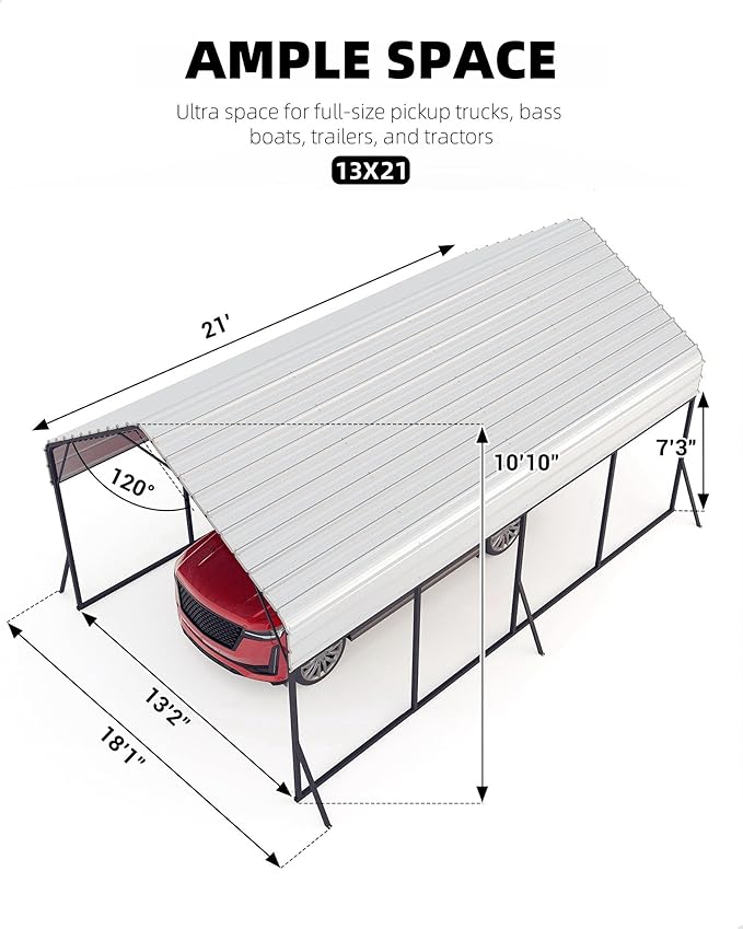 13'x21'x11' Oversized Metal Carport, Steel Heavy Duty Carport - Image 6