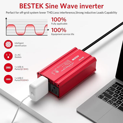 BESTEK 400W Car Power Inverter DC 12V to AC 110V Car Plug T-Type Sine Wave - Image 2