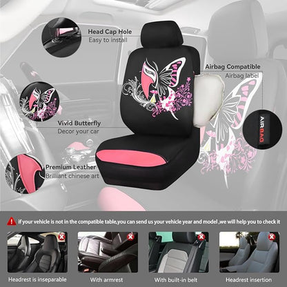 CAR PASS Pink Leather & Gaberdine Butterfly Car Seat Covers Full Set - Image 3
